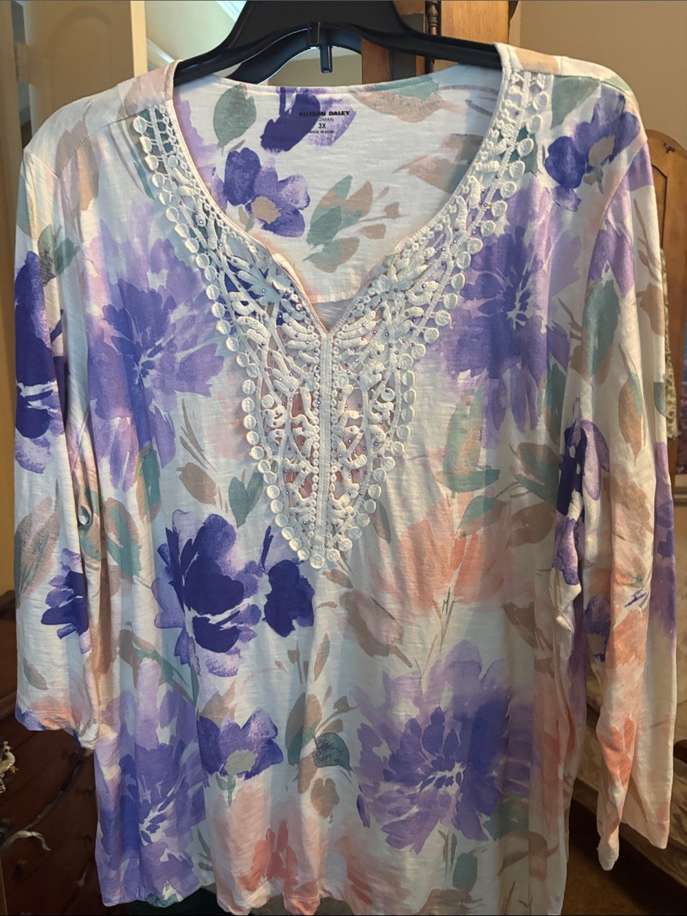 Allison Daley Lavender Multi Floral Crochet-Trim V-Neck Tunic